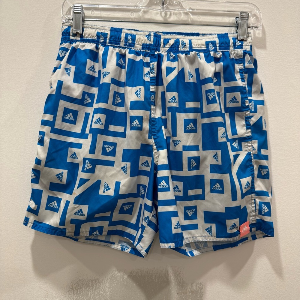 ✅5/$25 Adidas youth large Blue white geometric logo Shorts with liner drawstring